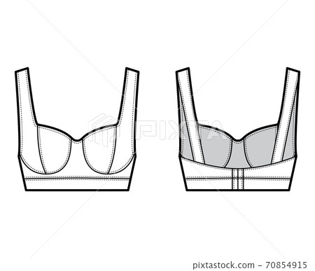 Jewel cropped bustier top technical fashion illustration with wide shoulder strap, curved molded cups, close fit. Jewel cropped bustier top technical fashion illustration with wide shoulder strap, curved molded cups, close fit. 70854915