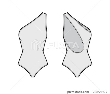 One-shoulder stretch bodysuit technical fashion illustration with open scooped back, medium brief coverage one-piece 70854927