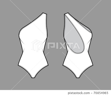 One-shoulder stretch bodysuit technical fashion illustration with open scooped back, medium brief coverage one-piece 70854965