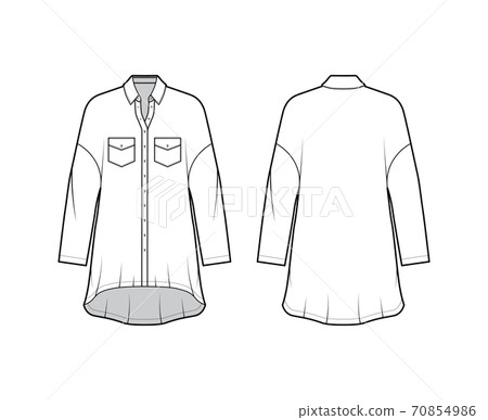 Oversized shirt dress technical fashion illustration with angled pockets, long sleeves, regular collar, high-low hem. 70854986