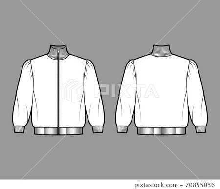 Zip-up turtleneck cropped cotton-terry sweatshirt technical fashion illustration with puffed shoulders, elbow sleeves. 70855036