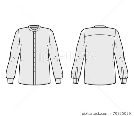 Shirt technical fashion illustration with rounded mandarin collar, long sleeves with cuff, oversized, back round yoke 70855039