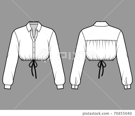 Cropped shirt technical fashion illustration with basic collar, long sleeves, drawstring hem, front button-fastening 70855040