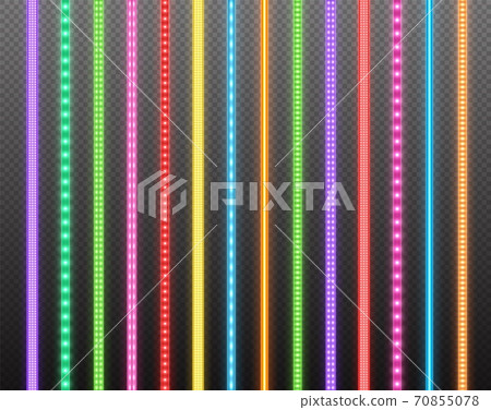 Colorful LED strips collection, bright luminous ribbons isolated on a transparent background. Realistic neon garlands. Colorful LED strips collection, bright luminous ribbons isolated on a transparent background. Realistic neon garlands. 70855078