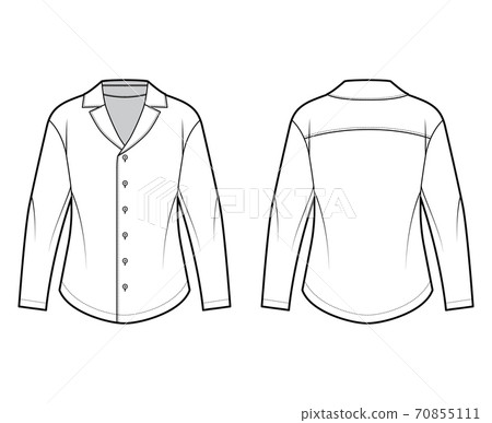 Shirt technical fashion illustration with relaxed silhouette, retro camp collar, front button fastenings, long sleeves 70855111