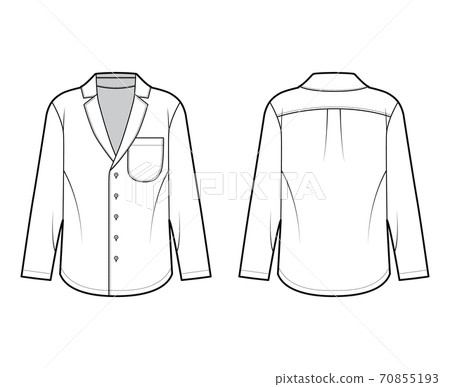 Shirt technical fashion illustration with pointed notch collar, front button fastenings, rounded pocket, long sleeves. Shirt technical fashion illustration with pointed notch collar, front button fastenings, rounded pocket, long sleeves. 70855193