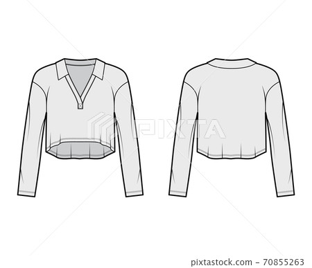 Cropped stretch-cotton top technical fashion illustration with long sleeves, collar outlining the V-neckline. Flat shirt 70855263