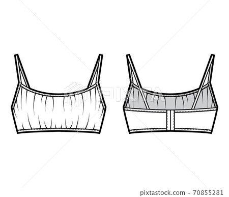Cropped gathered at the front Bra top technical fashion illustration with back hook fastenings, shoulder straps. Cropped gathered at the front Bra top technical fashion illustration with back hook fastenings, shoulder straps. 70855281