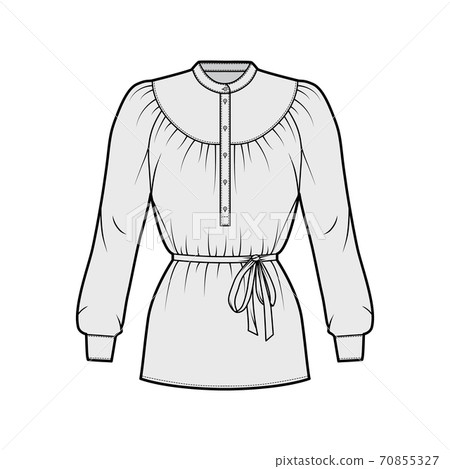 Belted gathered blouse technical fashion illustration with long sleeves, curved mandarin collar, relaxed shape shirt 70855327