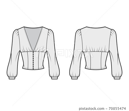 Cropped top technical fashion illustration with long bishop sleeves, puffed shoulders, front button fastenings. Cropped top technical fashion illustration with long bishop sleeves, puffed shoulders, front button fastenings. 70855474