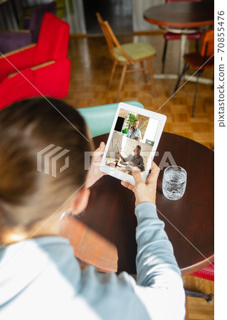 Remote working. Workplace in bar, restaurant office with PC, devices and gadgets. Remote working. Workplace in bar, restaurant office with PC, devices and gadgets. 70855476