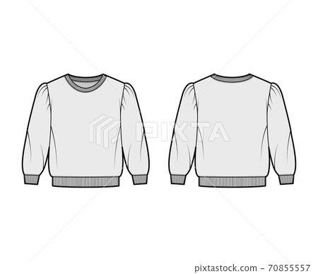 Cropped cotton-terry sweatshirt technical fashion illustration with puffed shoulders, elbow sleeves, ribbed trims jumper Cropped cotton-terry sweatshirt technical fashion illustration with puffed shoulders, elbow sleeves, ribbed trims jumper 70855557
