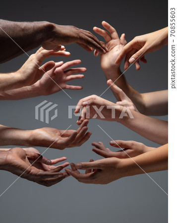 Hands of people's crowd in touch isolated on grey studio background. Concept of human relation, community, togetherness, symbolism 70855603