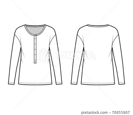 Classic men's style cotton-jersey top technical fashion illustration with long sleeves, scoop henley neckline shirt 70855807