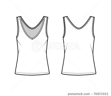Cotton-jersey tank technical fashion illustration with oversized body, deep V-neckline, elongated hem. Flat apparel  70855932