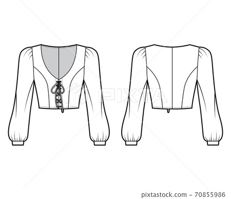 Cropped lace-up top technical fashion illustration with long bishop sleeves, puffed shoulders, fitted body. Flat shirt 70855986