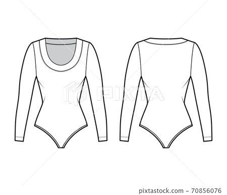 Bodysuit technical fashion illustration with scooped neckline, long sleeves, medium-coverage briefs outwear one-piece  70856076
