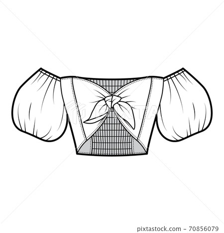 Tie-front cropped off-the-shoulder top technical fashion illustration with bow-detailed front, puffy blouson sleeves Tie-front cropped off-the-shoulder top technical fashion illustration with bow-detailed front, puffy blouson sleeves 70856079