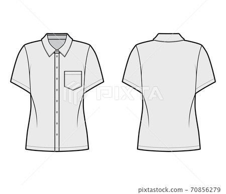 Shirt technical fashion illustration with angled pocket, short sleeves, relax fit, front button-fastening regular collar 70856279