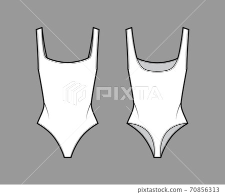 Stretch-jersey thong bodysuit technical fashion illustration with open back, deep square neckline. Flat one-piece  70856313