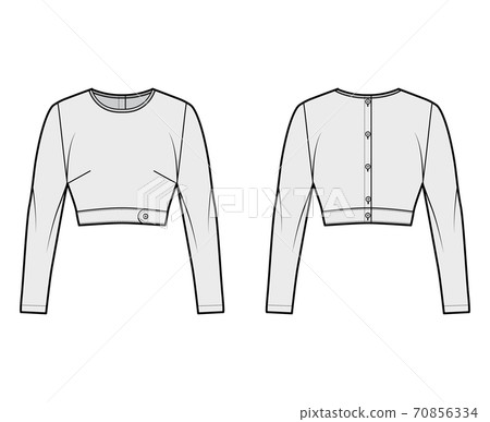 Under bust crop top technical fashion illustration with slim fit, crew neckline, back button fastenings, long sleeves.  70856334