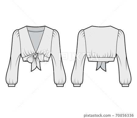 Tie-front cropped shirt technical fashion illustration with voluminous long sleeves, plunging neckline. Flat blouse 70856336