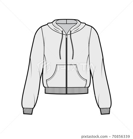 Zip-up cotton-fleece hoodie technical fashion illustration with relaxed fit, long sleeves, ribbed trims, front pocket. Zip-up cotton-fleece hoodie technical fashion illustration with relaxed fit, long sleeves, ribbed trims, front pocket. 70856339