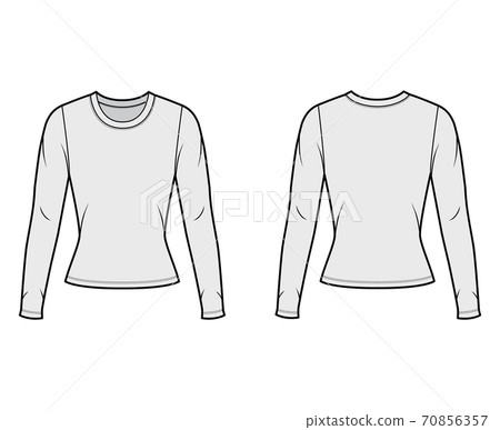 Crew neck jersey sweater technical fashion illustration with long sleeves, close-fitting shape.  70856357