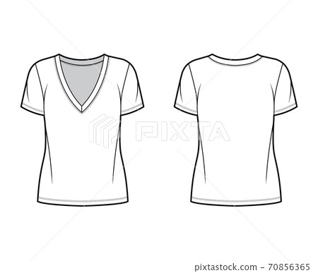 Cotton-jersey t-shirt technical fashion illustration with plunging V-neckline, short sleeves, tunic length, oversized 70856365
