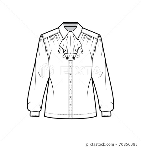 Jabot shirt technical fashion illustration with long sleeves with cuff, ruffle along the classic collar, oversized 70856383