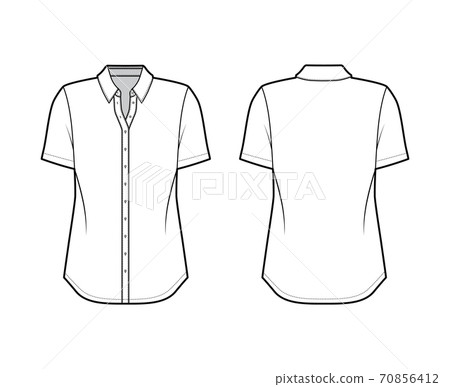 Classic shirt technical fashion illustration with short sleeves, relax fit, front button-fastening, regular collar. Flat Classic shirt technical fashion illustration with short sleeves, relax fit, front button-fastening, regular collar. Flat 70856412