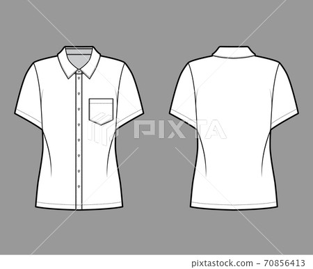 Shirt technical fashion illustration with angled pocket, short sleeves, relax fit, front button-fastening regular collar Shirt technical fashion illustration with angled pocket, short sleeves, relax fit, front button-fastening regular collar 70856413