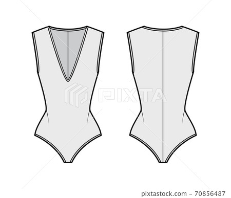 Stretch-jersey bodysuit technical fashion illustration with plunging V-neckline, sculpting fit, back zip fastening. Stretch-jersey bodysuit technical fashion illustration with plunging V-neckline, sculpting fit, back zip fastening. 70856487