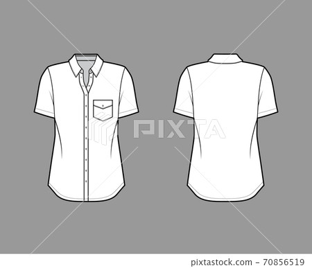 Classic shirt technical fashion illustration with angled pocket, short sleeves, relax fit, front button-fastening flat Classic shirt technical fashion illustration with angled pocket, short sleeves, relax fit, front button-fastening flat 70856519
