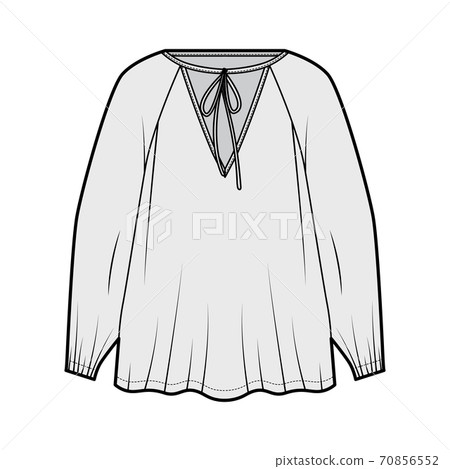 Tie-detailed neckline blouse technical fashion illustration with long raglan sleeves, oversized, elongated flare hem 70856552