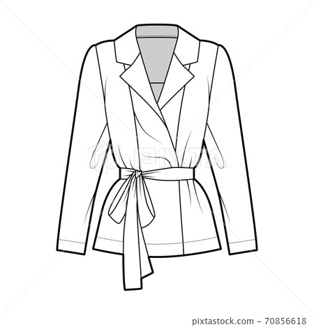 Belted double-breasted wrap shirt technical fashion illustration with relaxed fit pointed notch collar, long sleeves Belted double-breasted wrap shirt technical fashion illustration with relaxed fit pointed notch collar, long sleeves 70856618