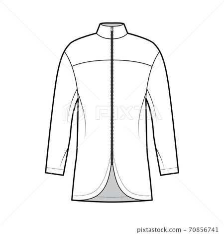 Zip-up shirt technical fashion illustration with relaxed fit, high neckline, back round yoke, front, long sleeves.  70856741