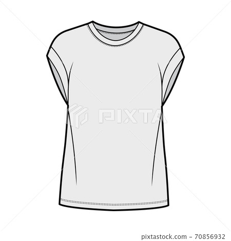 Boyfriend cotton-jersey T-shirt technical fashion illustration with classic crew neckline, short cap sleeves, oversized 70856932