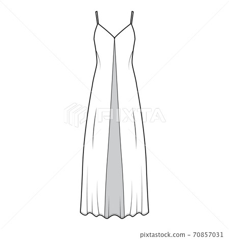 Camisole technical fashion illustration with deep V-neck, front button fastening, maxi ancle length, loose shape. Flat Camisole technical fashion illustration with deep V-neck, front button fastening, maxi ancle length, loose shape. Flat 70857031