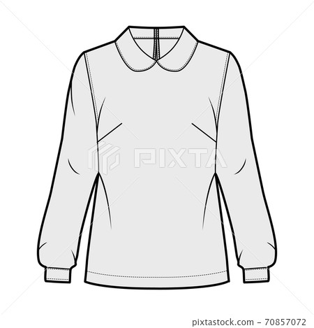 Round collar blouse technical fashion illustration with loose silhouette, long sleeve, back button-fastening keyhole. Round collar blouse technical fashion illustration with loose silhouette, long sleeve, back button-fastening keyhole. 70857072