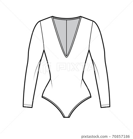 Stretch-jersey bodysuit technical fashion illustration with plunging V-neckline, sculpting fit, long sleeves one-piece 70857186