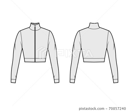 Zip-up cropped turtleneck jersey sweater technical fashion illustration with long sleeves, close-fitting shape. Flat  70857240