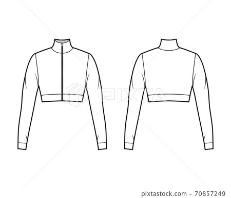 Zip-up cropped turtleneck jersey sweater technical fashion illustration with long sleeves, close-fitting shape. Flat Zip-up cropped turtleneck jersey sweater technical fashion illustration with long sleeves, close-fitting shape. Flat 70857249