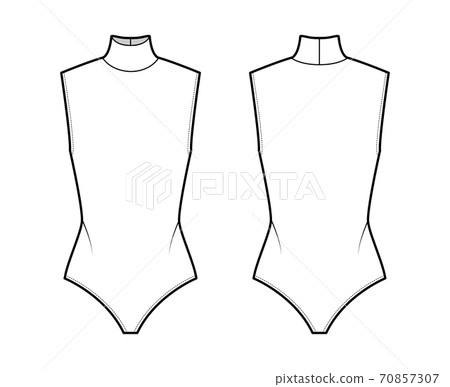 Cotton-jersey turtleneck bodysuit technical fashion illustration with fitted knit body, sleeveless. Flat outwear shirt 70857307