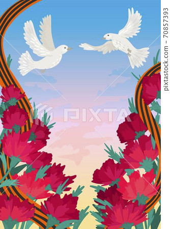 Victory Day May 9 in Russia. Pigeons in the sky, a symbol of peace. Carnations and St. George ribbon. Vector flat drawing Victory Day May 9 in Russia. Pigeons in the sky, a symbol of peace. Carnations and St. George ribbon. Vector flat drawing 70857393