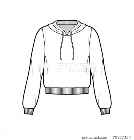 Cotton-fleece hoodie technical fashion illustration with relaxed fit, long sleeves, ribbed trims. Flat jumper apparel Cotton-fleece hoodie technical fashion illustration with relaxed fit, long sleeves, ribbed trims. Flat jumper apparel 70857394