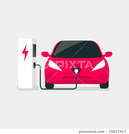 Modern electric car charges on an electric vehicle EV charging station point. Modern electric car charges on an electric vehicle EV charging station point. 70857457