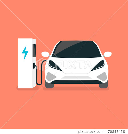 Modern electric car charges on an electric vehicle EV charging station point. 70857458