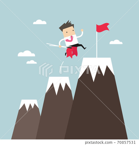 Businessman climbing up mountains or cliffs and moving to final destination point. 70857531
