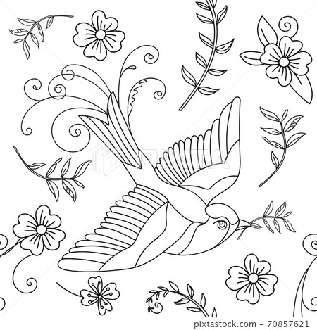 Seamless pattern vector bird and flower illustration 70857621
